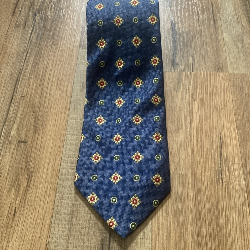 Lands' End 100% Silk Neck Tie Hand Sewn Blue Gold Green 58" Long